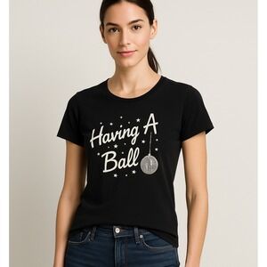J.Crew Collector Tee XXS Black Graphic Shirt "Having A Ball" Disco Star‎ Print